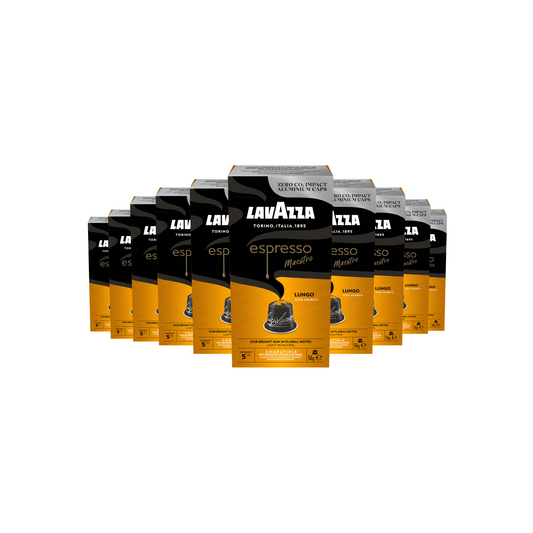 Lavazza Espresso Maestro Lungo – ١٠ علب × ١٠ كبسولات ألومنيوم متوافقة مع Nespresso | قهوة لافازا لونغو ١٠٠٪ أرابيكا إيطالية