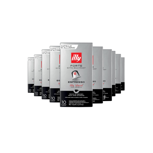Illy Forte Espresso – ١٠ علب × ١٠ كبسولات ألومنيوم متوافقة مع Nespresso | قهوة إيلي فورتة ١٠٠٪ أرابيكا – تحميص Extra Bold Roast